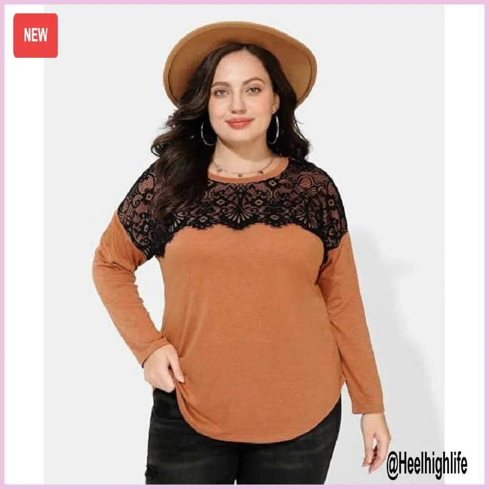 Plus Size Long Sleeve Lace Tunic Top Lightweight Sweatshirt Pullover XL-5XL